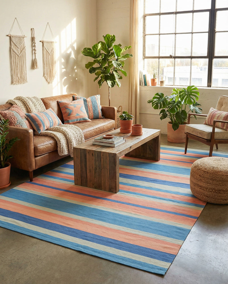 Coastal Stripe Dhurrie Collection Area Rug - Seashore Rectangle Multi  lifestyle 10
