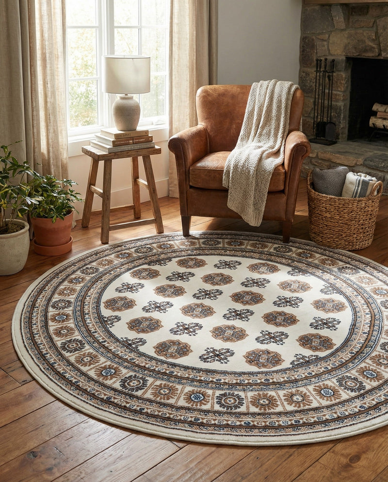 Samarkand Elegance Collection Area Rug -  Margilan (Ivory) Round Ivory  lifestyle 56