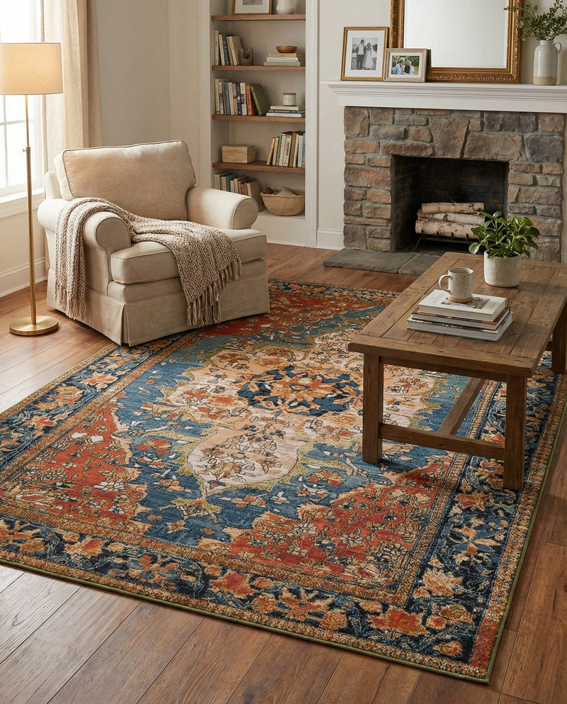 Patio Heritage Collection Area Rug -  Grove Rectangle Navy Blue and Rust Red  lifestyle 23