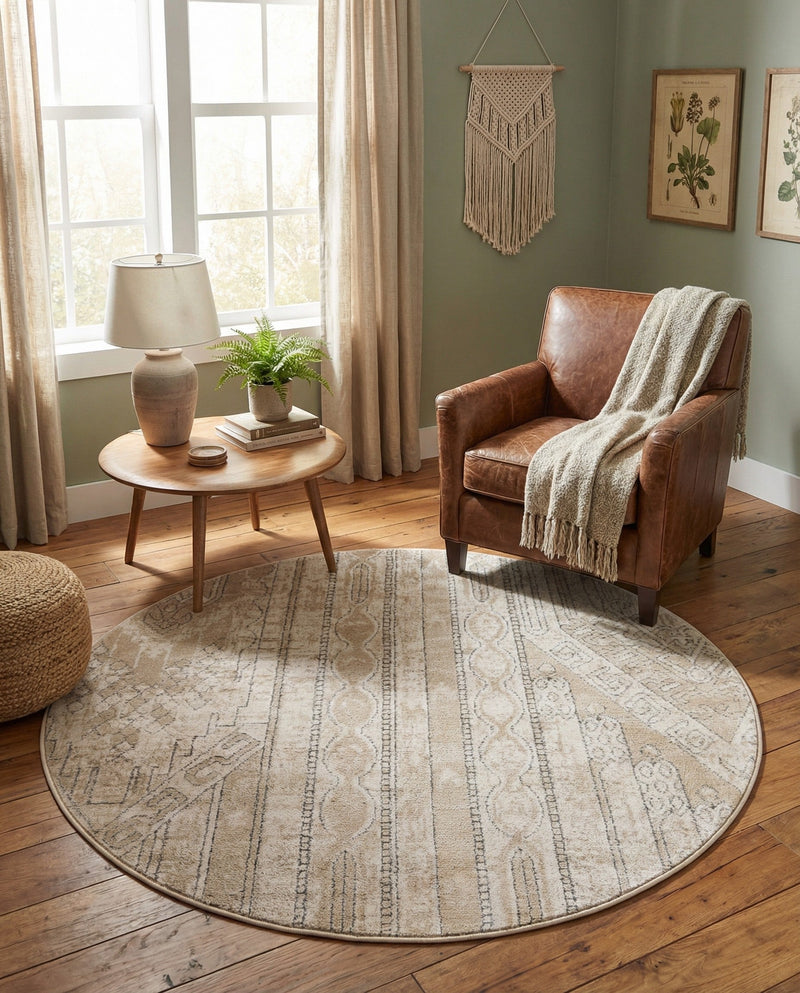 Cascade Range Collection Area Rug - Hood (Ivory) Round Ivory  lifestyle 45