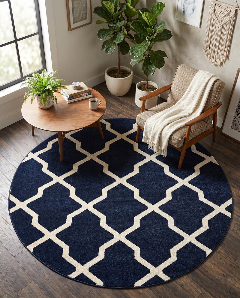Lattice Gardens Collection Area Rug -  Floratown Round Navy Blue  lifestyle 36