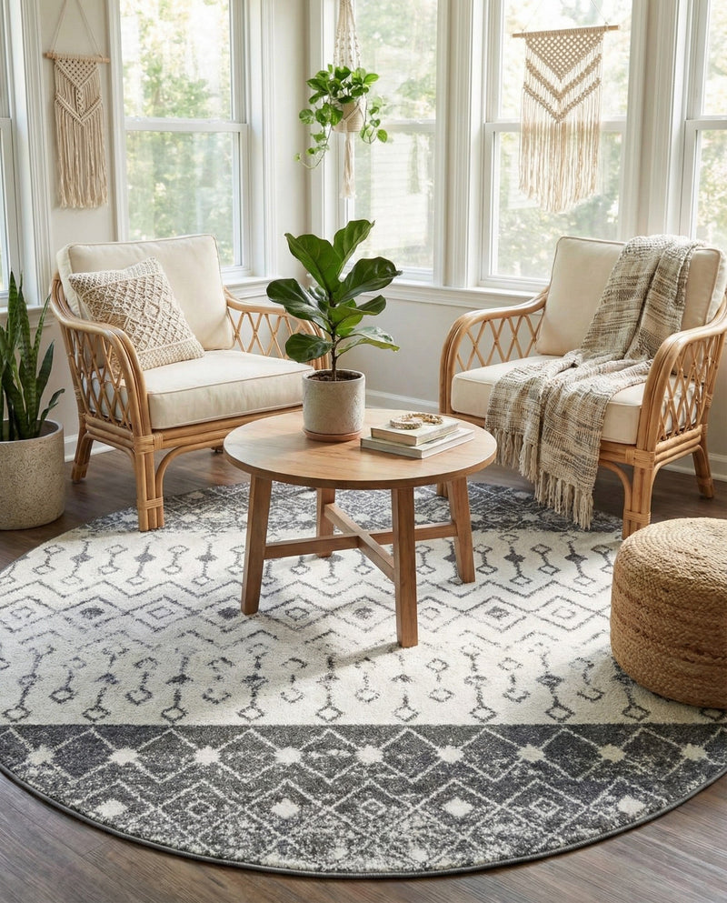Mediterranean Lattice Collection Area Rug -  Casablanca (Ivory and Gray) Round Ivory and Gray  lifestyle 82
