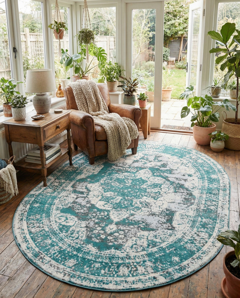 Riviera Elegance Collection Area Rug -  Menton (Turquoise) Oval Turquoise  lifestyle 63