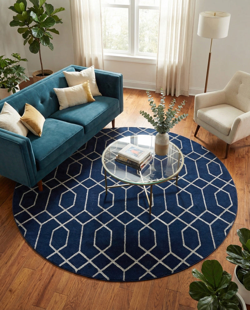 Hollywood Luxe Collection Area Rug - Sunset (Navy Blue Silver) Round Navy Blue Silver  lifestyle 47