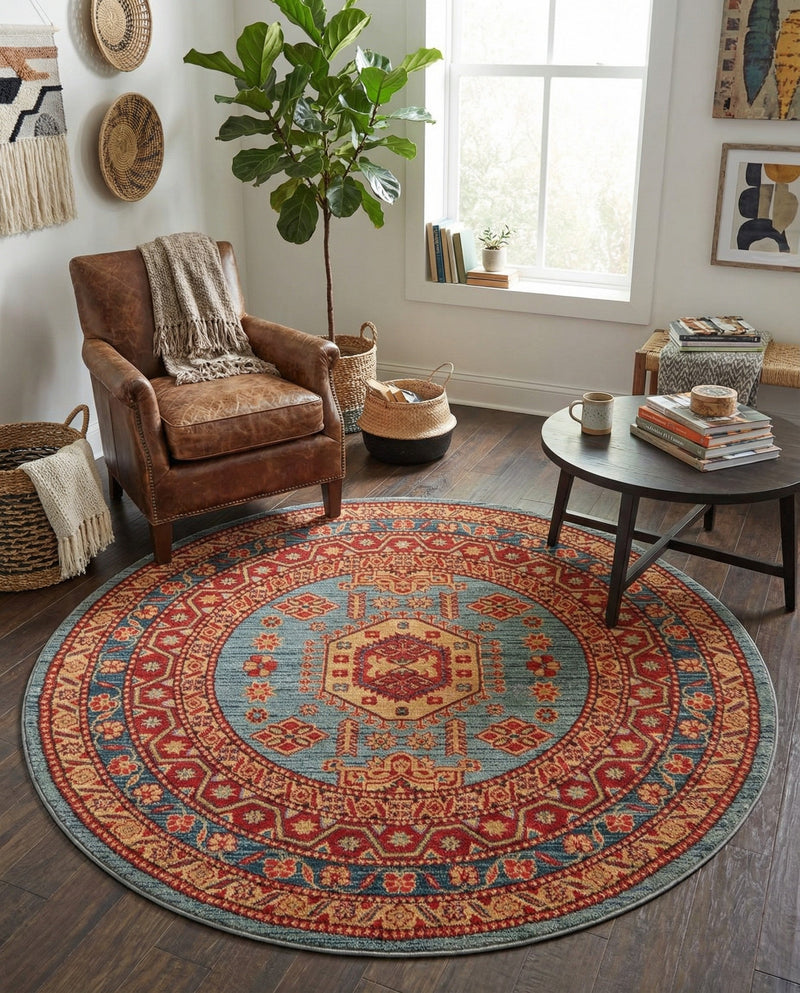 Persian Elegance Collection Area Rug -  Bushehr Round Light Blue  lifestyle 59
