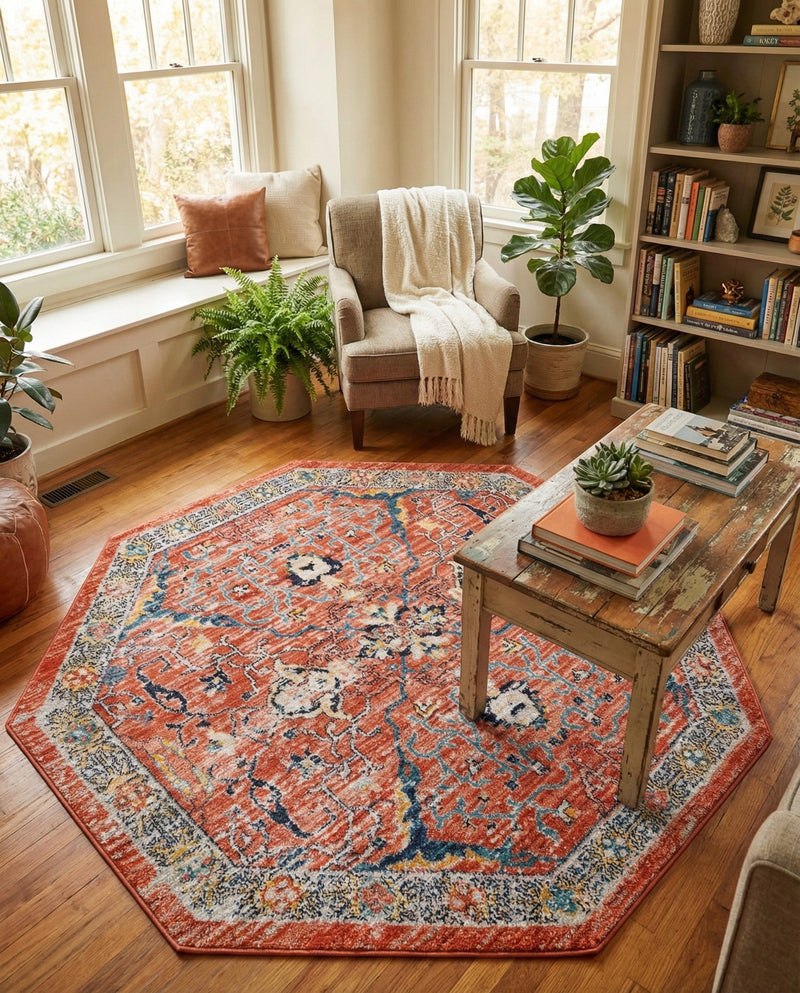 Seville Stripes Collection Area Rug -  Malaga (Brick Red) Octagon Brick Red  lifestyle 66