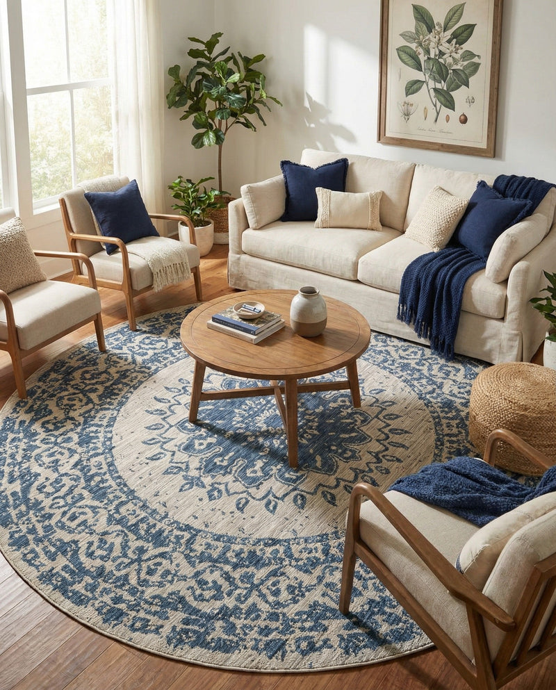 Patio Heritage Collection Area Rug -  Lafayette (Blue) Round Blue  lifestyle 78