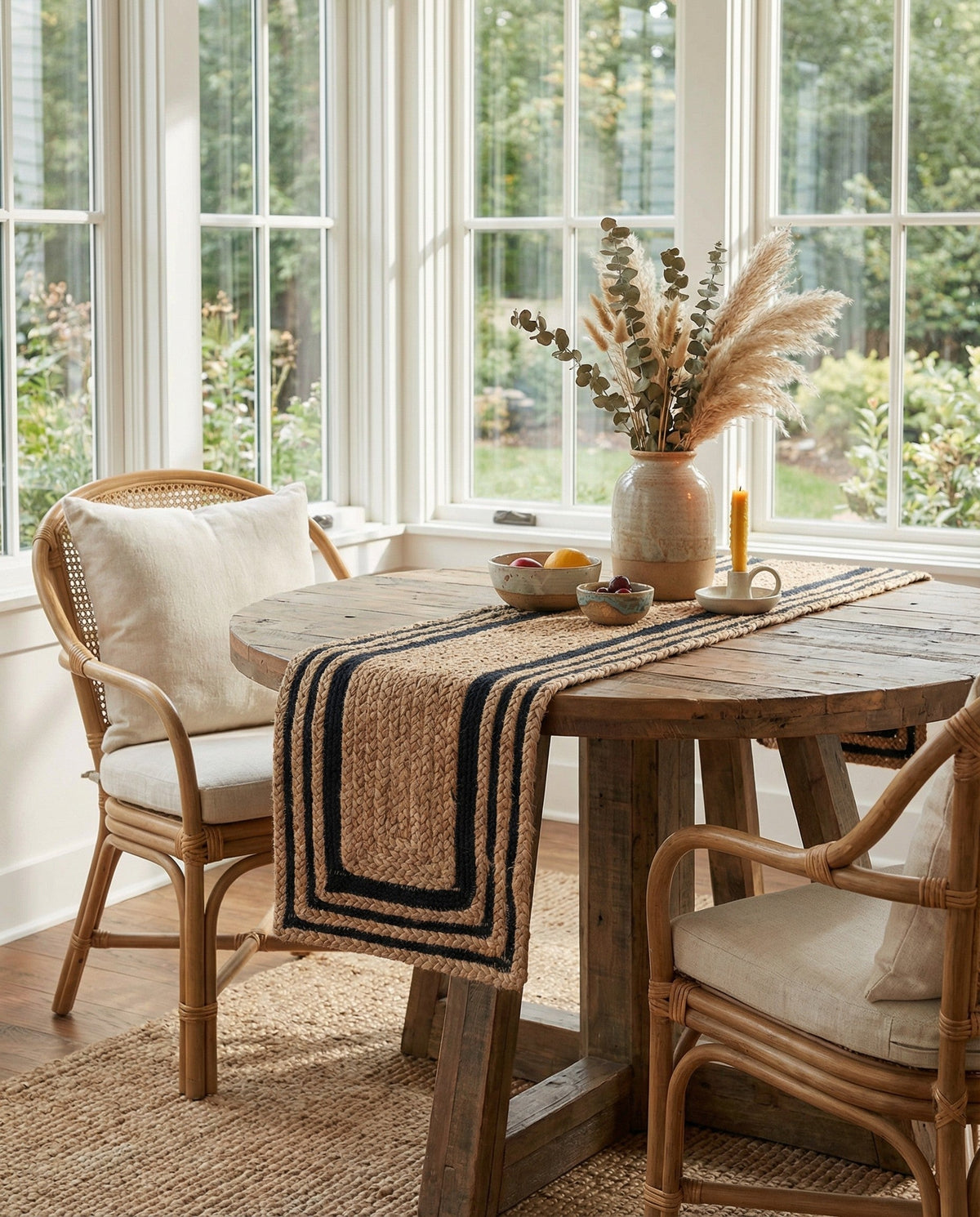 Woven Seaside Jute Collection Area Rug - Nantucket Table Runner Natural and Navy Blue  lifestyle 108