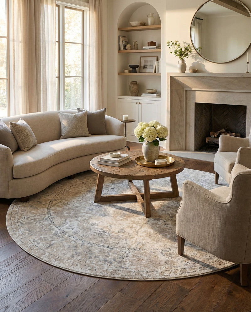 Cascade Range Collection Area Rug -  Shasta (Ivory) Round Ivory  lifestyle 50