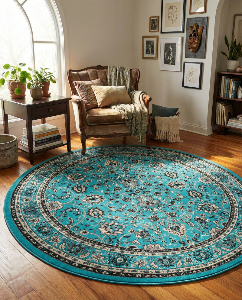 Isfahan Elegance Collection Area Rug - Naghsh-e Jahan (Turquoise) Round Turquoise  lifestyle 24