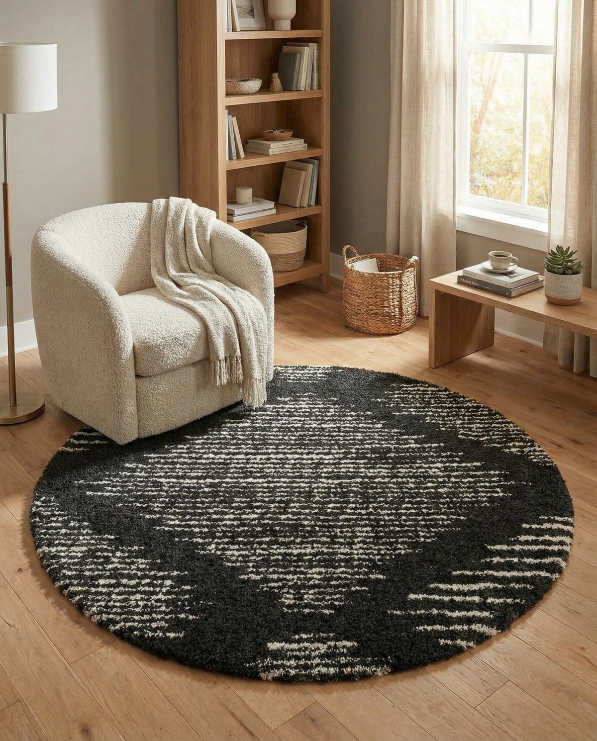 Tranquil Tides Shag Collection Area Rug -  Azure Round Black and White  lifestyle 187