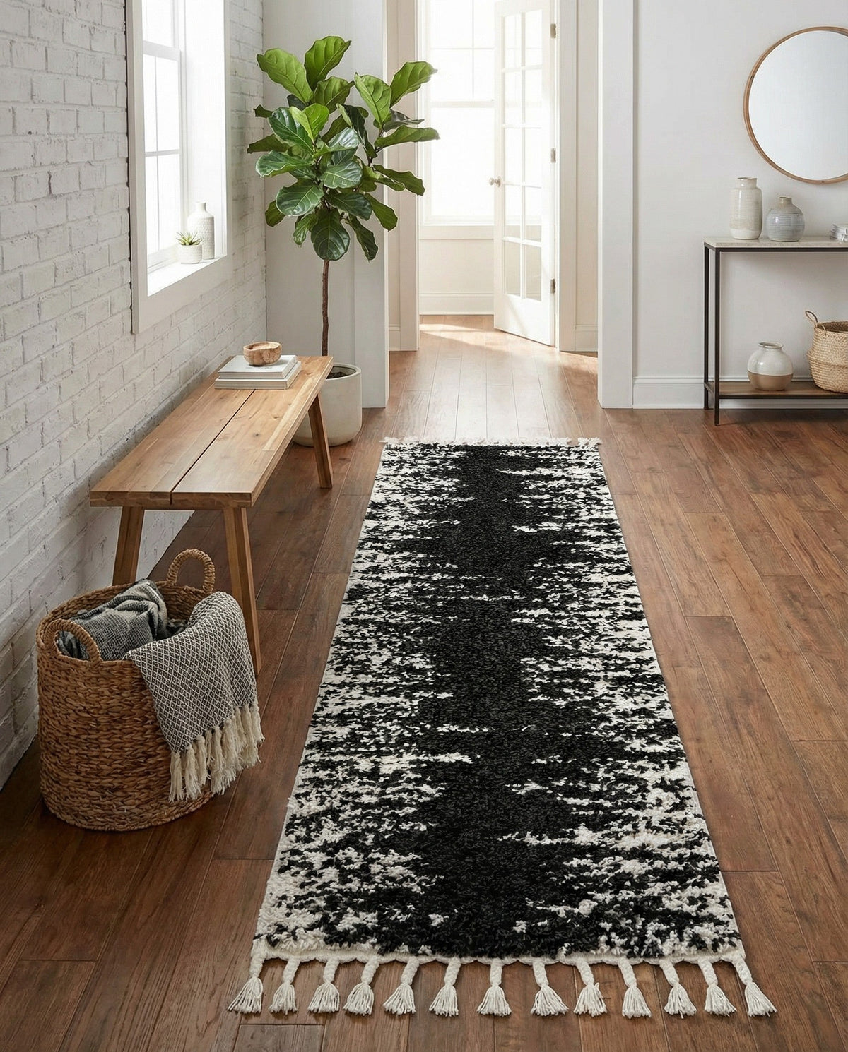 Tranquil Tides Shag Collection Area Rug - Marina Runner Black and White  lifestyle 182
