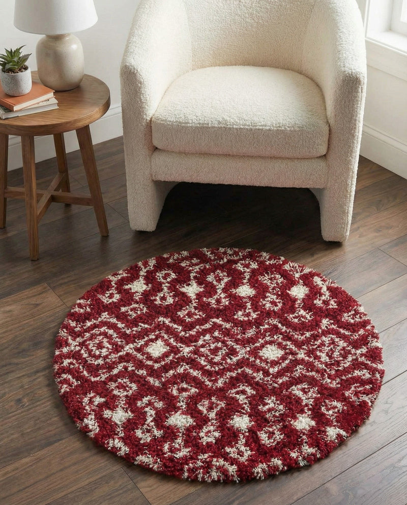 Berber Lattice Shag Collection Area Rug - Atlas (Burgundy Red) Round Burgundy Red  lifestyle 56