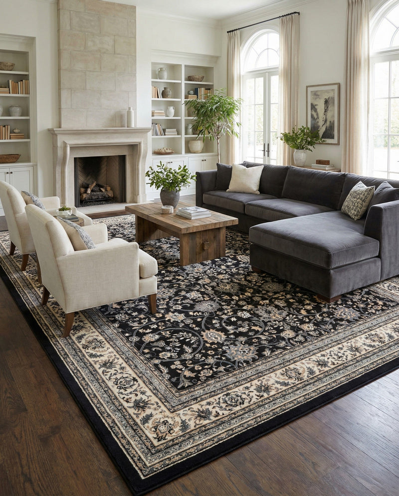 Isfahan Elegance Collection Area Rug - Naghsh-e Jahan (Black) Rectangle Black  lifestyle 48
