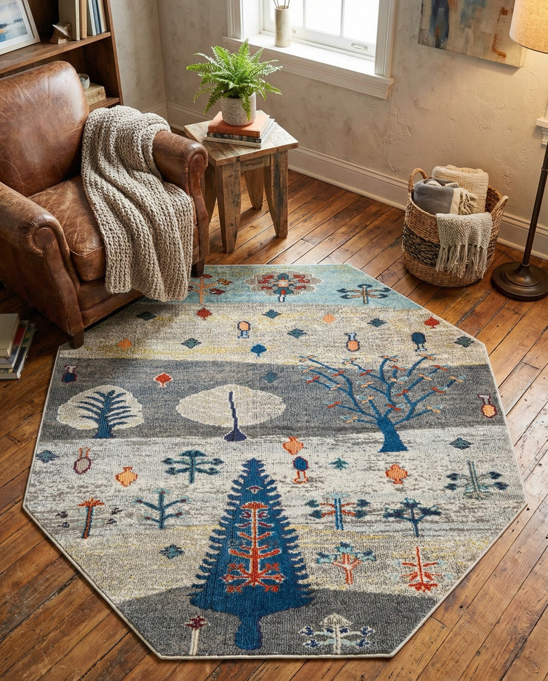 Colorburst Oasis Collection Area Rug -  Mosaic Octagon Ivory Gray Blue  lifestyle 63