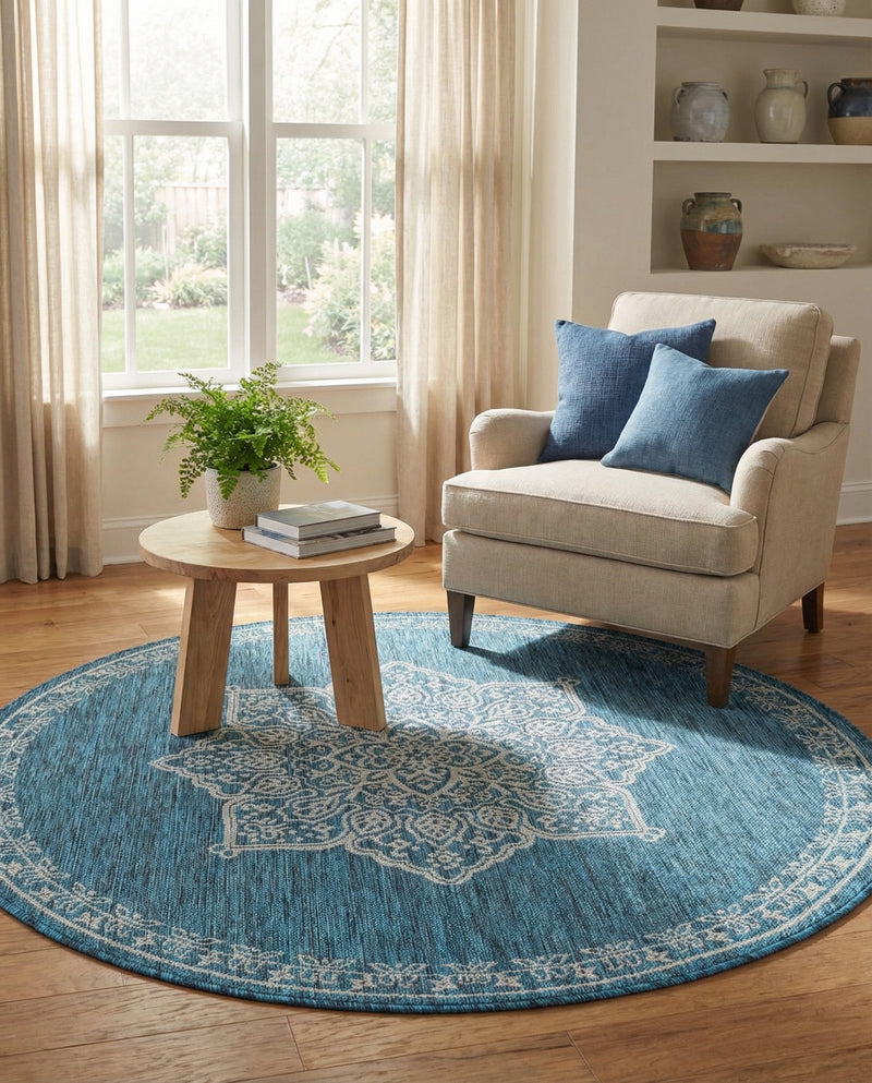 Patio Heritage Collection Area Rug -  Charleston (Teal) Round Teal  lifestyle 76