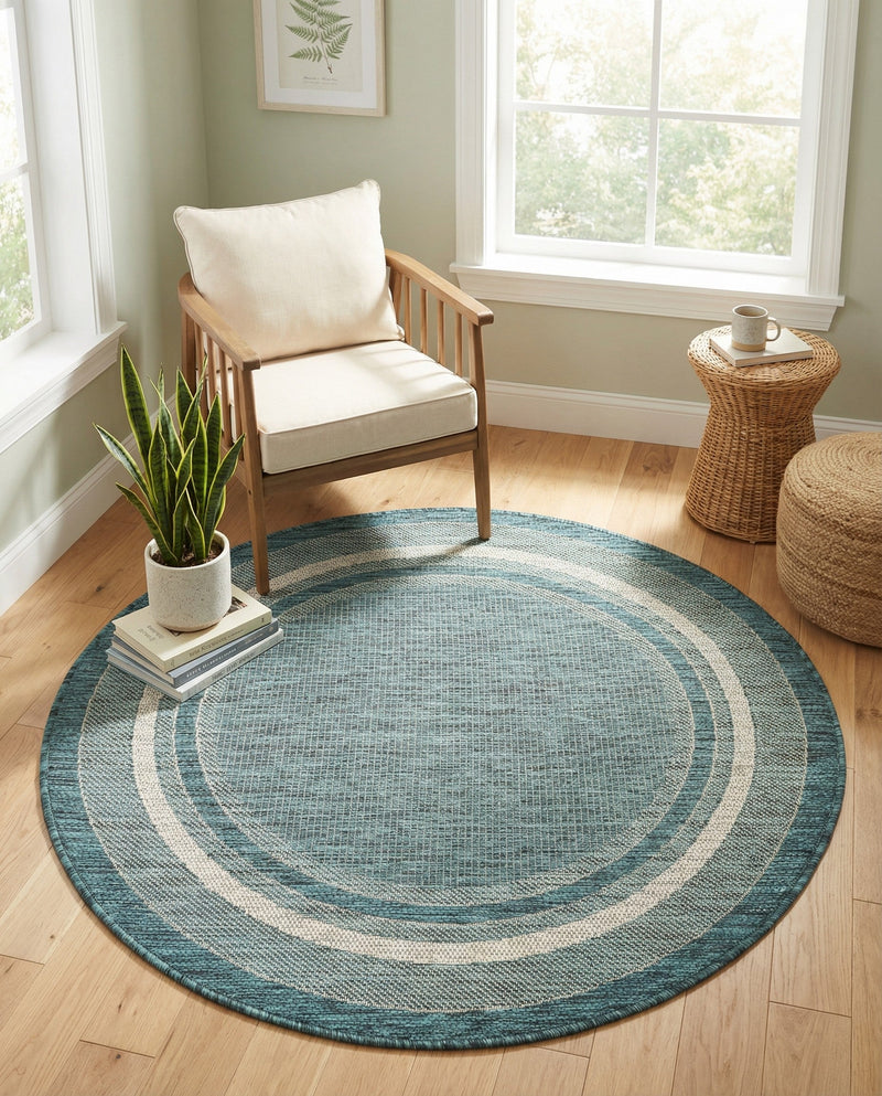 Terrace Fringe Collection Area Rug - Veranda (Teal) Round Teal  lifestyle 85