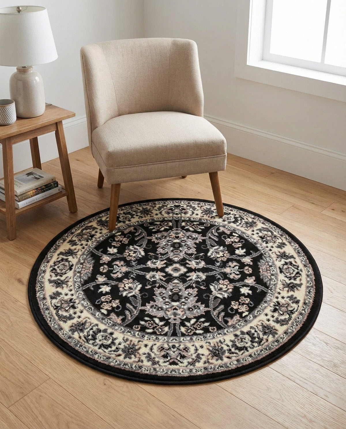 Isfahan Elegance Collection Area Rug - Naghsh-e Jahan (Black) Round Black  lifestyle 123