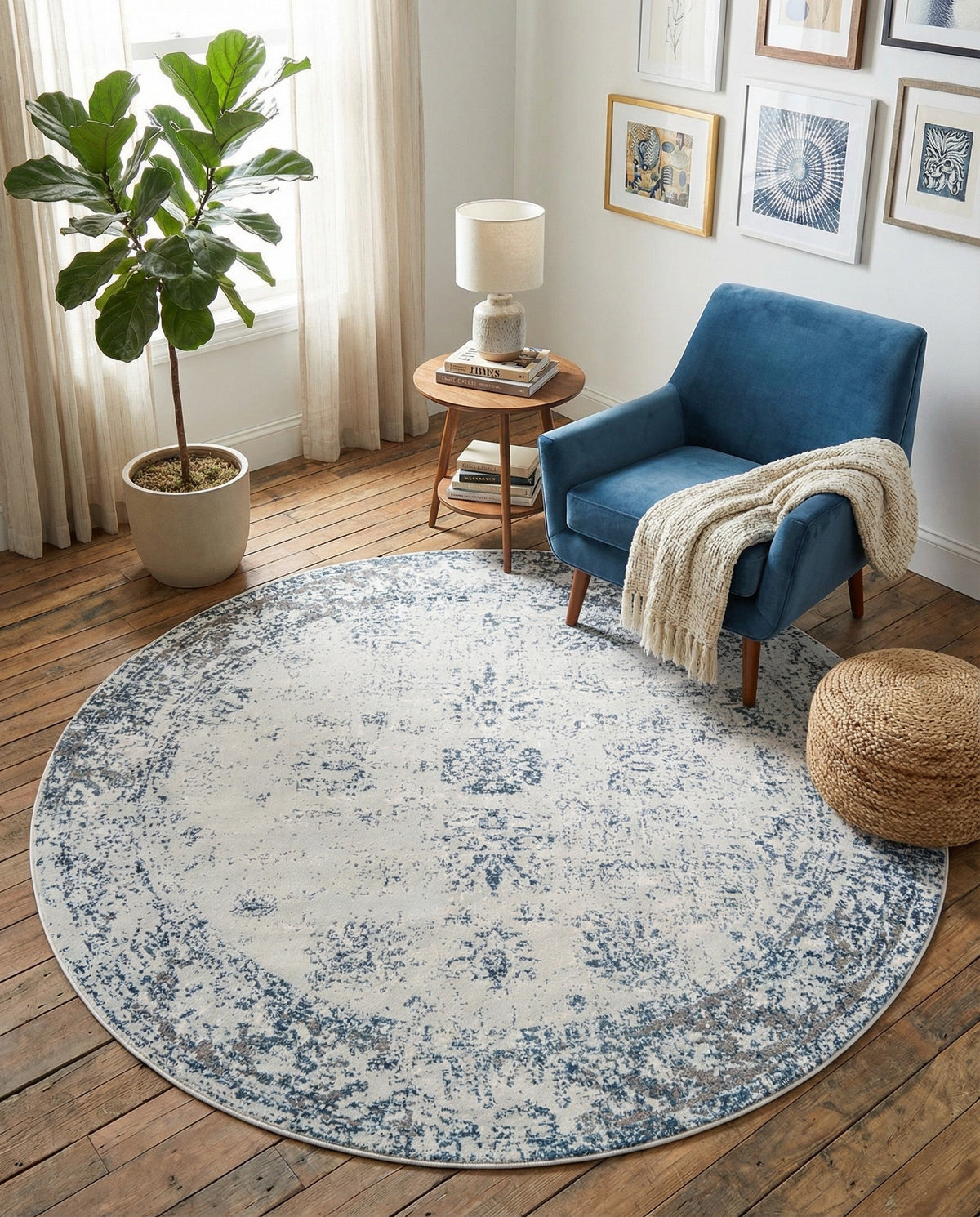 Riviera Elegance Collection Area Rug - Antibes (Light Blue) Round Light Blue  lifestyle 114