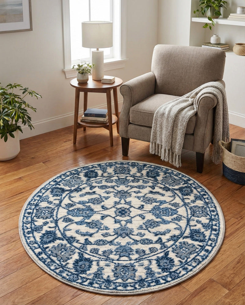 Charleston Elegance Collection Area Rug -  Seaport (White Blue) Round White Blue  lifestyle 67
