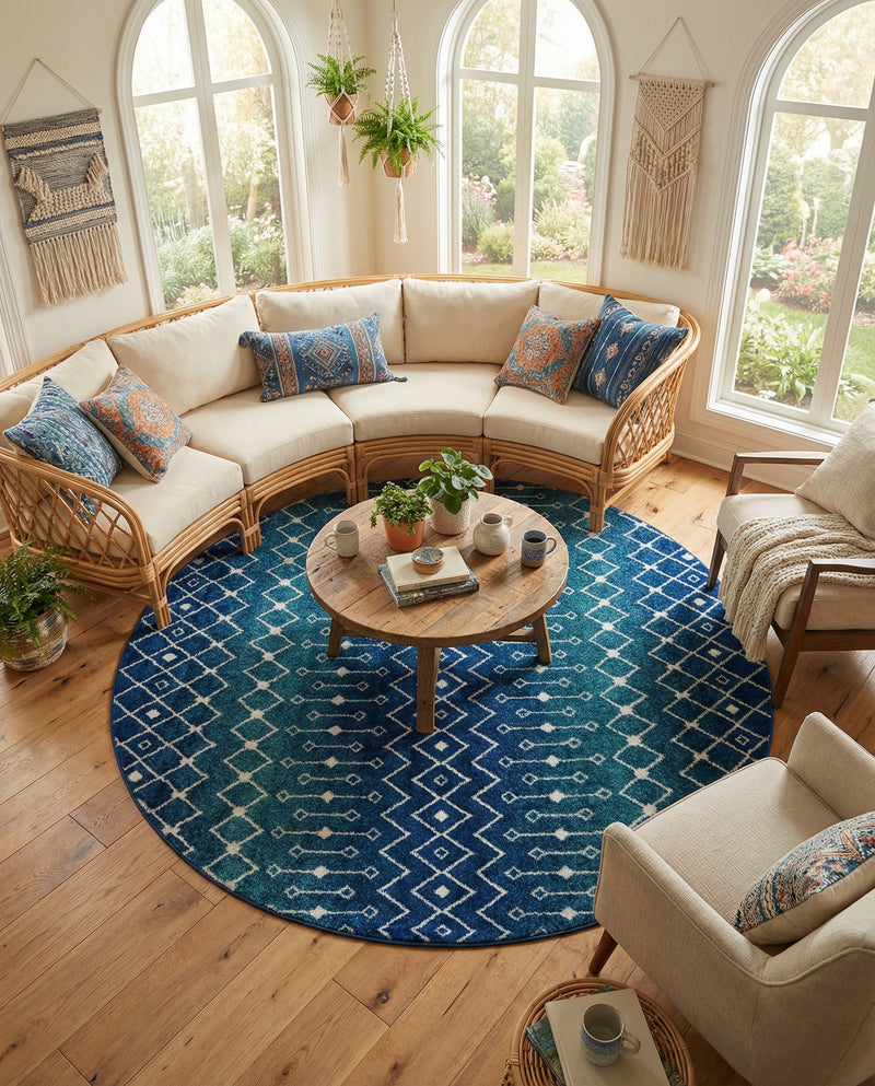 Mediterranean Lattice Collection Area Rug - Santorini (Navy and Teal) Round Navy and Teal  lifestyle 49