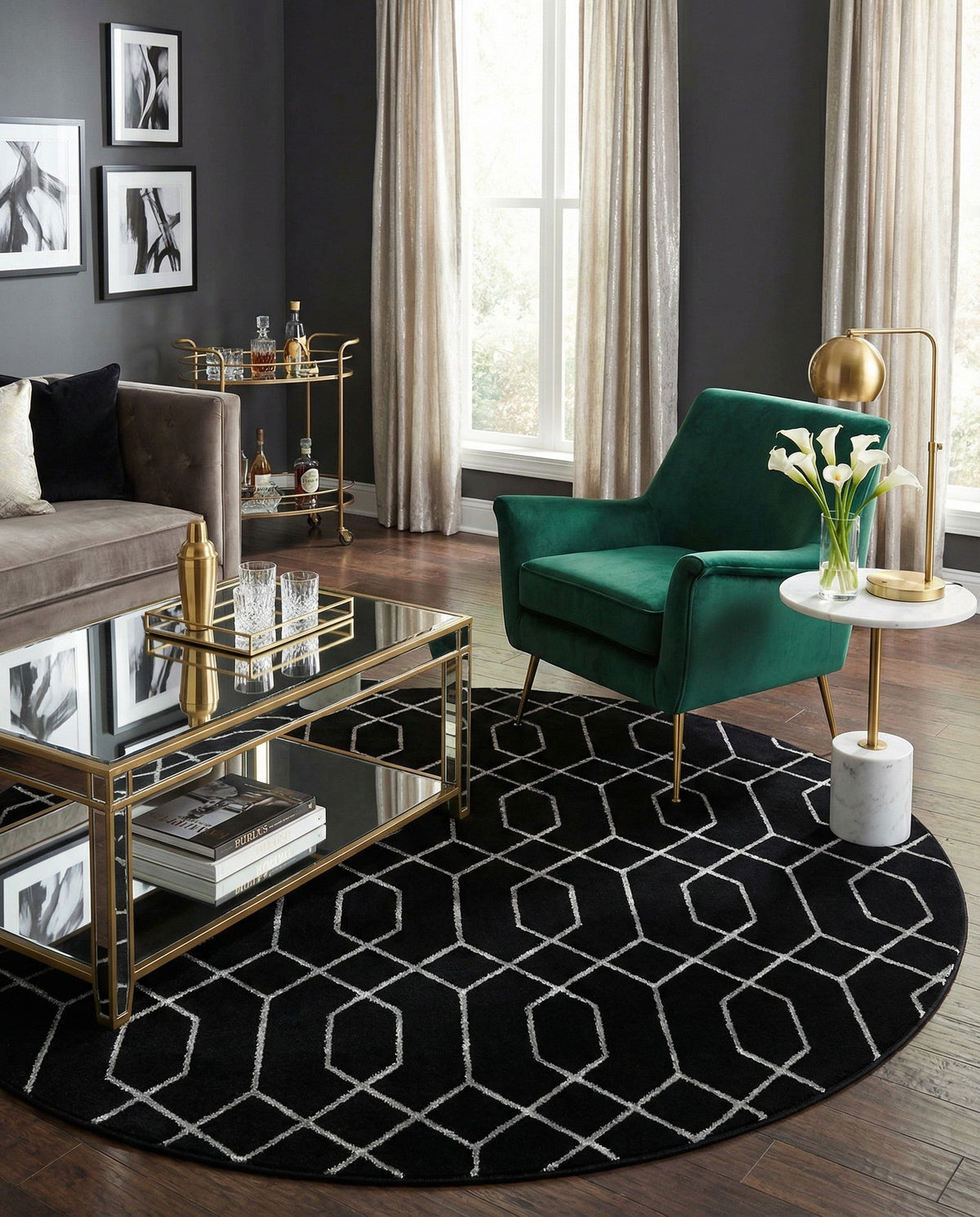 Hollywood Luxe Collection Area Rug - Sunset Round Black and Silver  lifestyle 232
