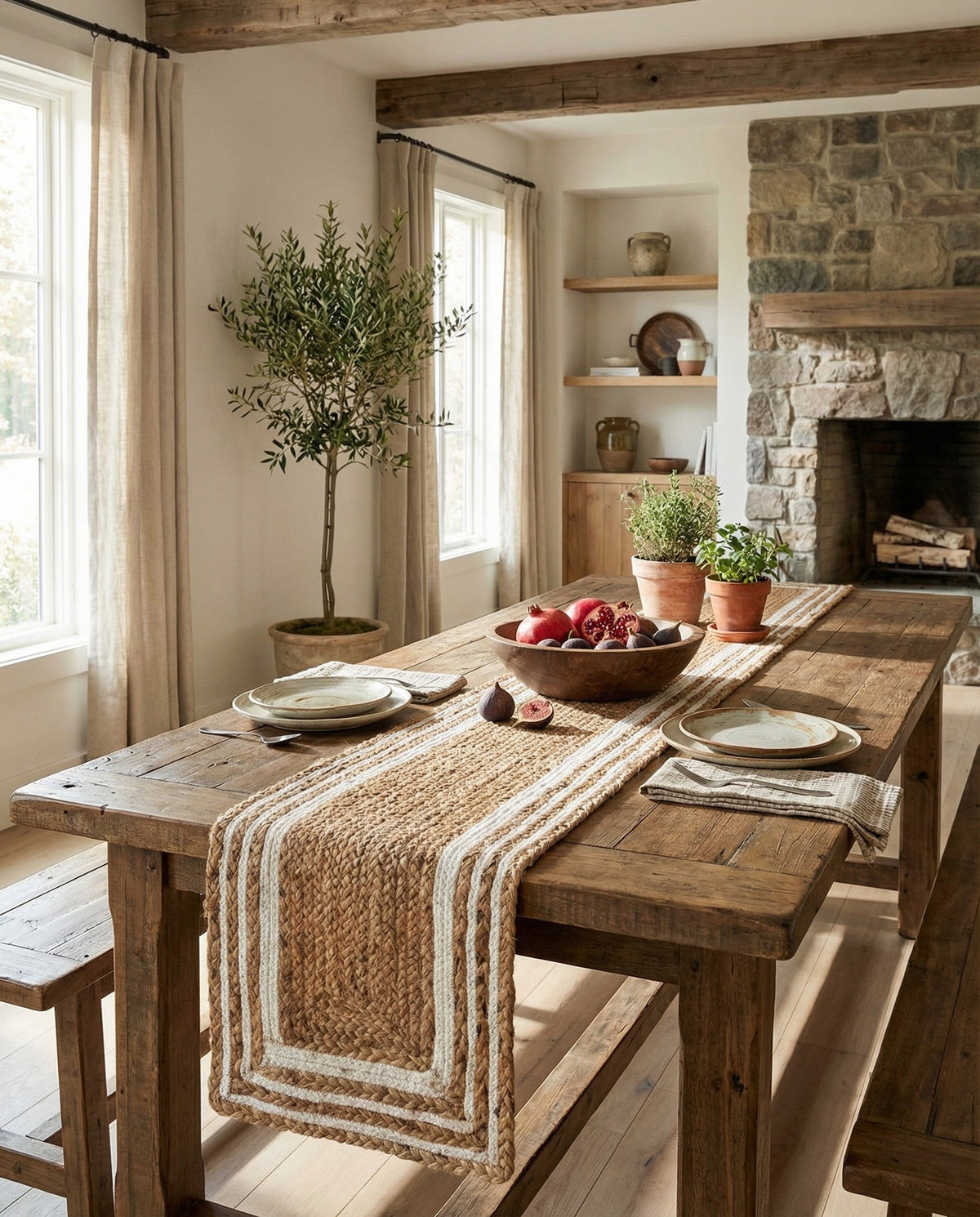 Woven Seaside Jute Collection Area Rug - Nantucket Table Runner Natural and White  lifestyle 118