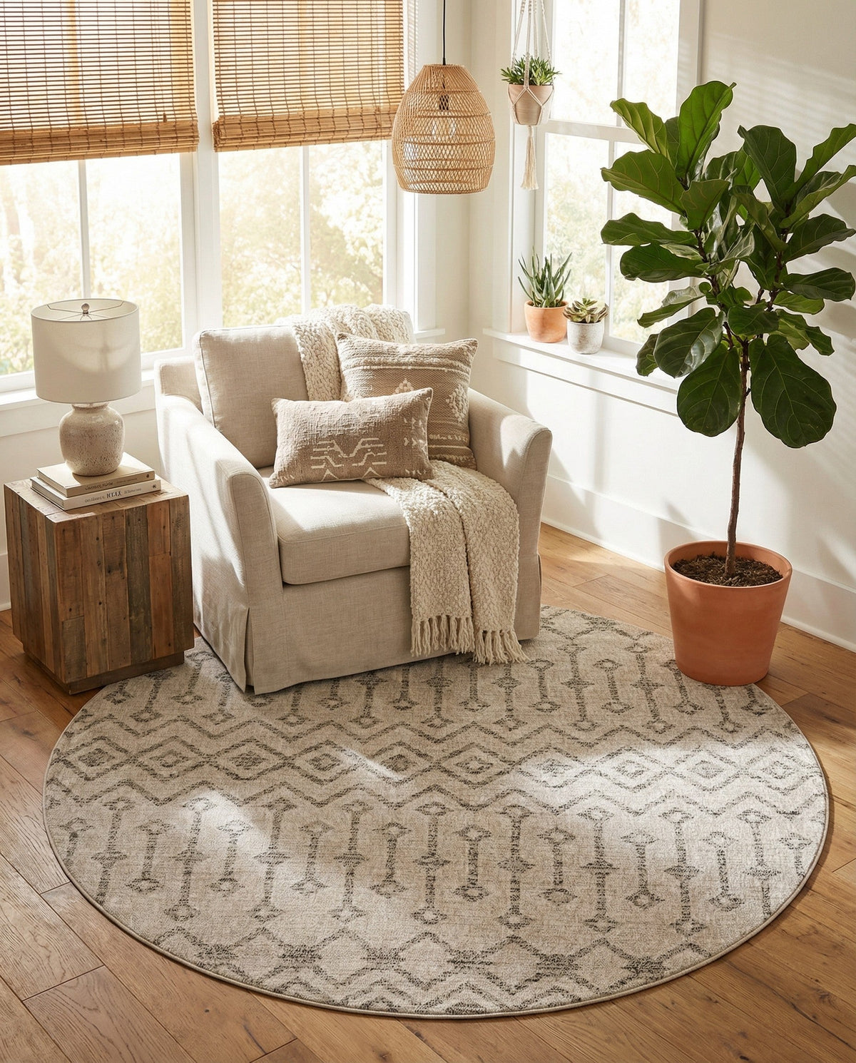 Geo Garden Lattice Collection Area Rug -  Andalusia Round Ivory  lifestyle 209
