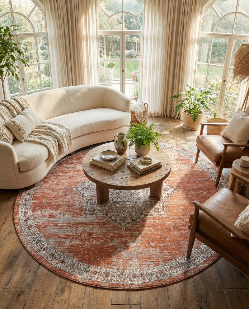 Mykonos Manor Collection Area Rug -  Tinos (Salmon Pink) Round Salmon Pink  lifestyle 57