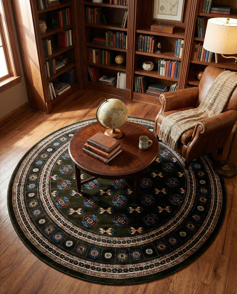 Samarkand Elegance Collection Area Rug -  Margilan (Dark Green) Round Dark Green  lifestyle 67