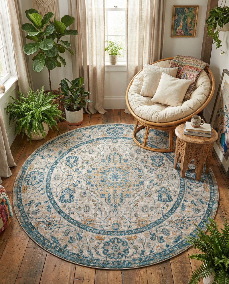 Seville Stripes Collection Area Rug - Cadiz (Light Gray) Round Light Gray  lifestyle 39