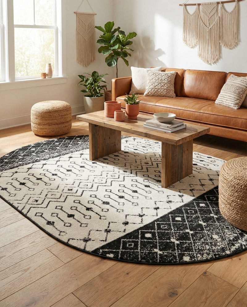 Mediterranean Lattice Collection Area Rug -  Casablanca (Black and White) Oval Black and White  lifestyle 59
