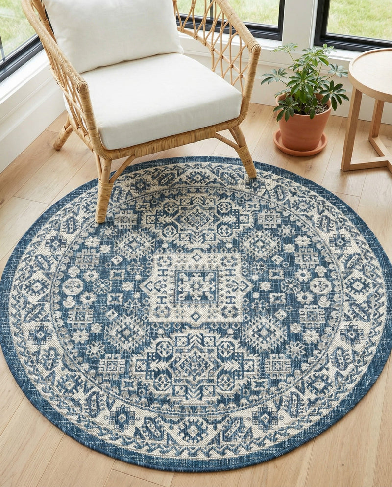 Tribal Terrace Treasures Collection Area Rug -  Incan Isle (Blue) Round Blue  lifestyle 26