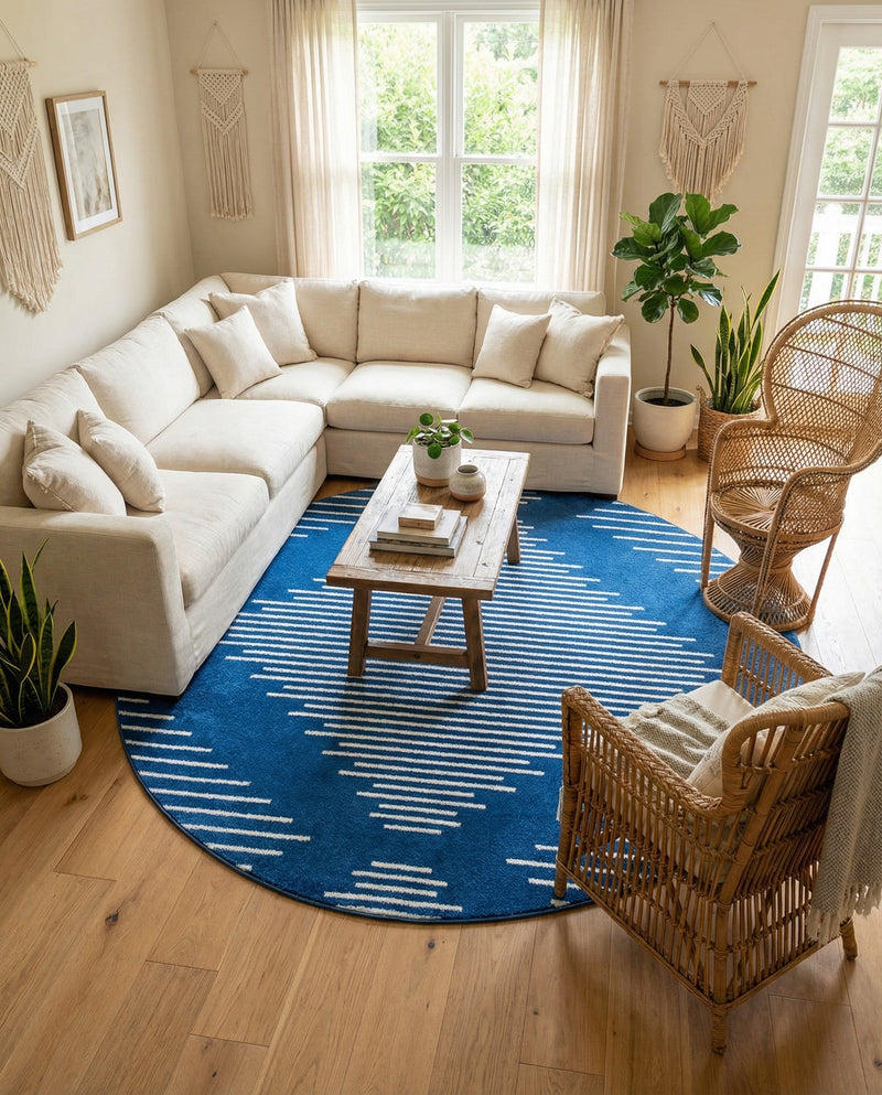 Seychelles Stripes Collection Area Rug - Mahe (Navy Blue) Round Navy Blue  lifestyle 18