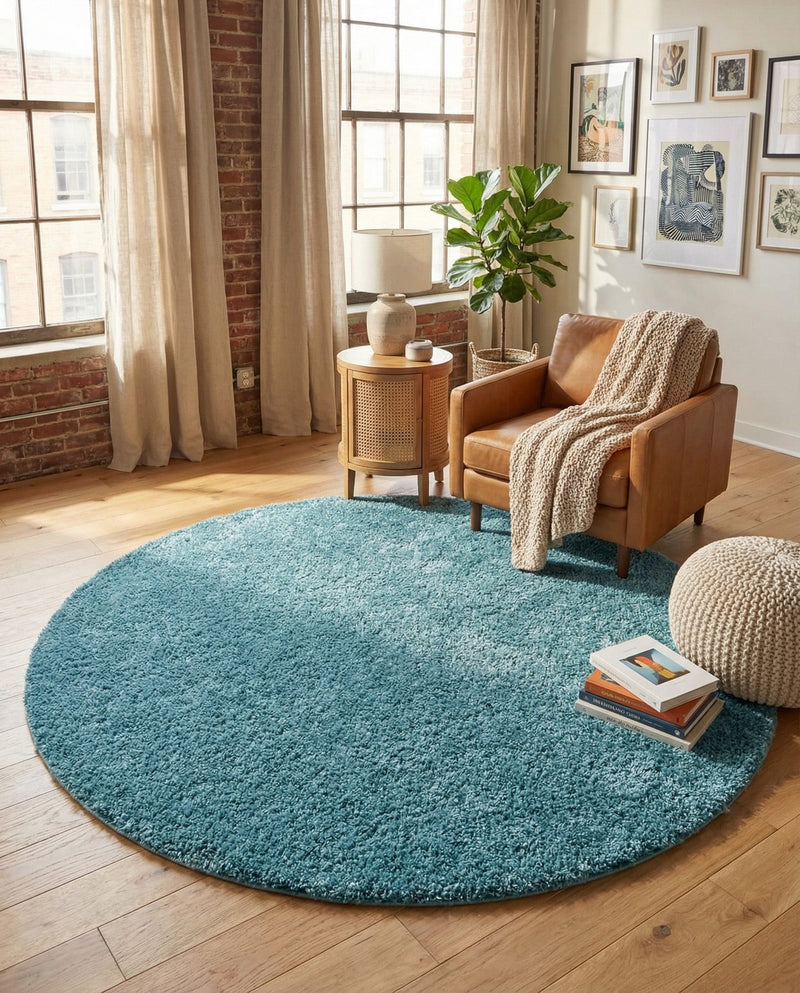 Cozy Comfort Shag Collection Area Rug - Haven (Turquoise) Round Turquoise  lifestyle 66