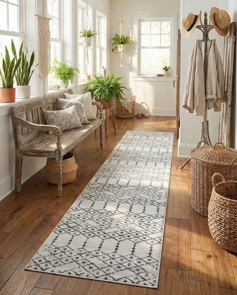 Marrakesh Lattice Collection Area Rug - Casablanca (Ivory Black) Runner Ivory Black  lifestyle 66