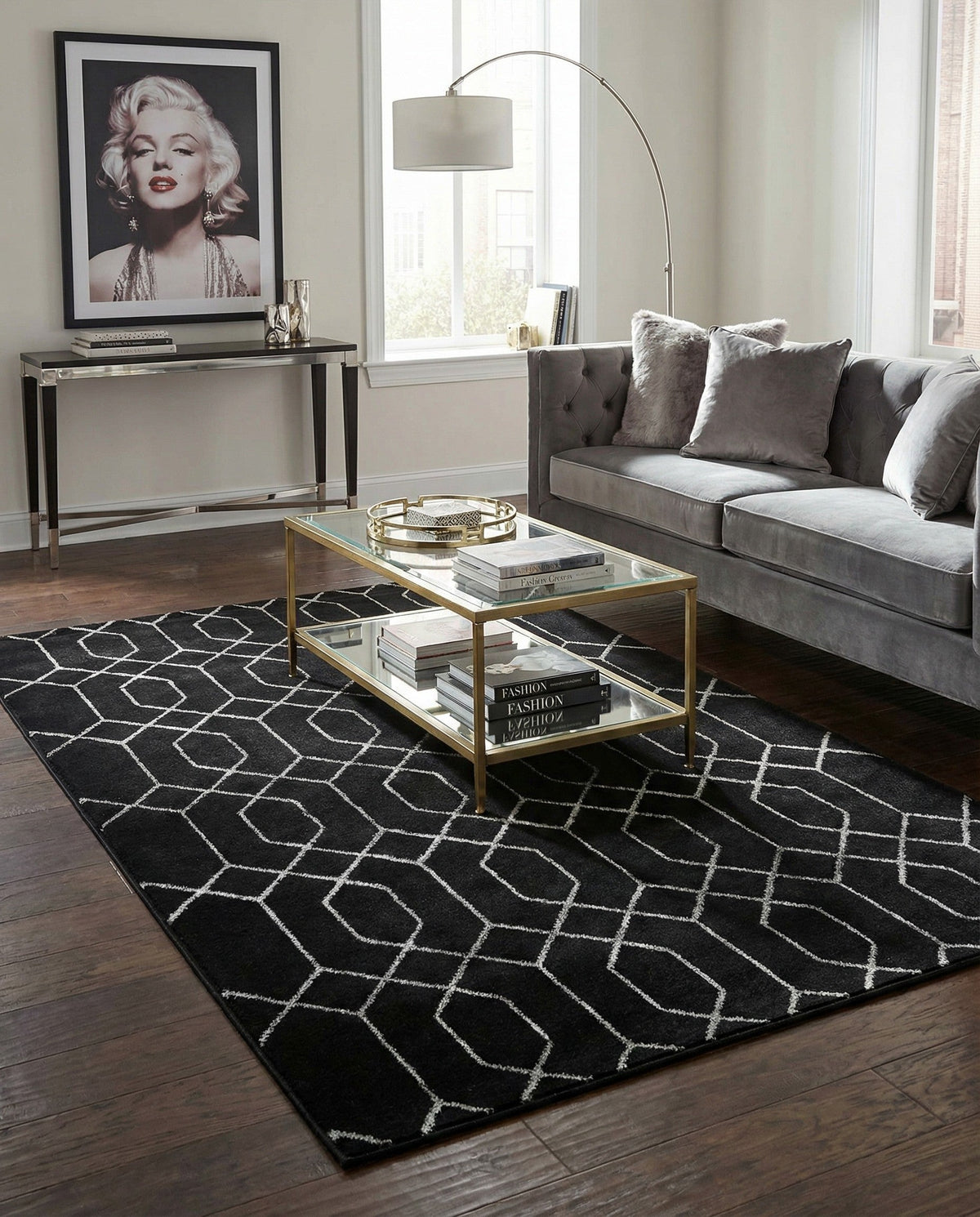 Hollywood Luxe Collection Area Rug - Sunset Rectangle Black and Silver  lifestyle 74