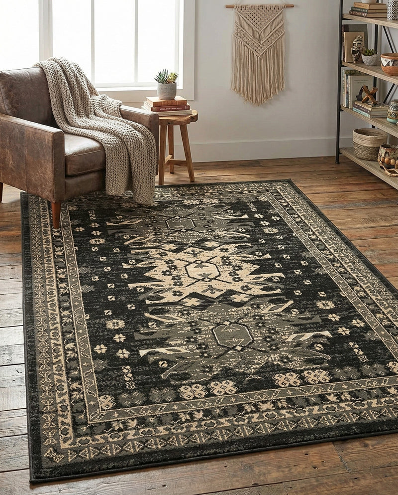 Tabriz Tapestries Collection Area Rug - Azerbaijan (Black) Rectangle Black  lifestyle 20