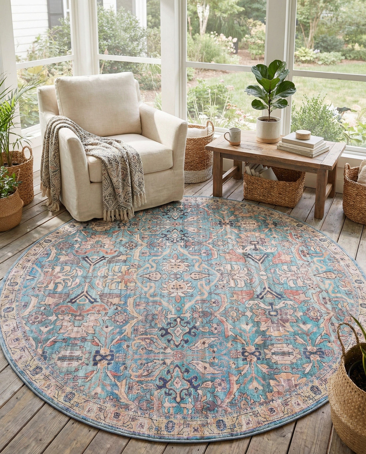 Vintage Memories Collection Area Rug -  Memories Round Blue  lifestyle 81