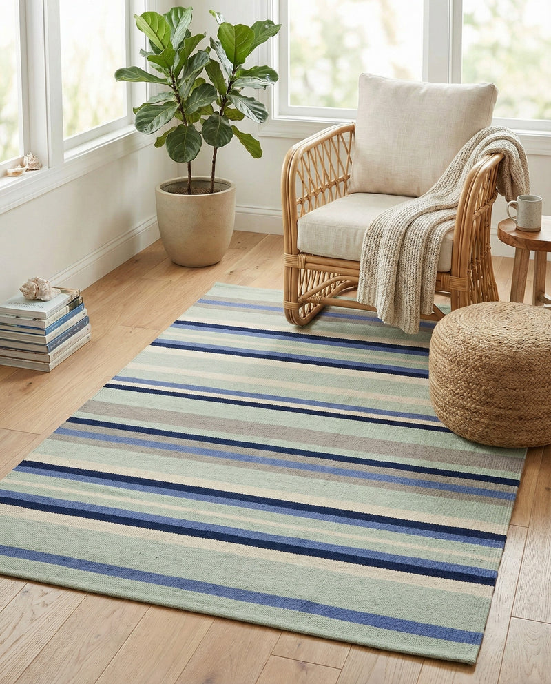 Coastal Stripe Dhurrie Collection Area Rug - Seashore Rectangle Aqua Blue and Gray  lifestyle 38
