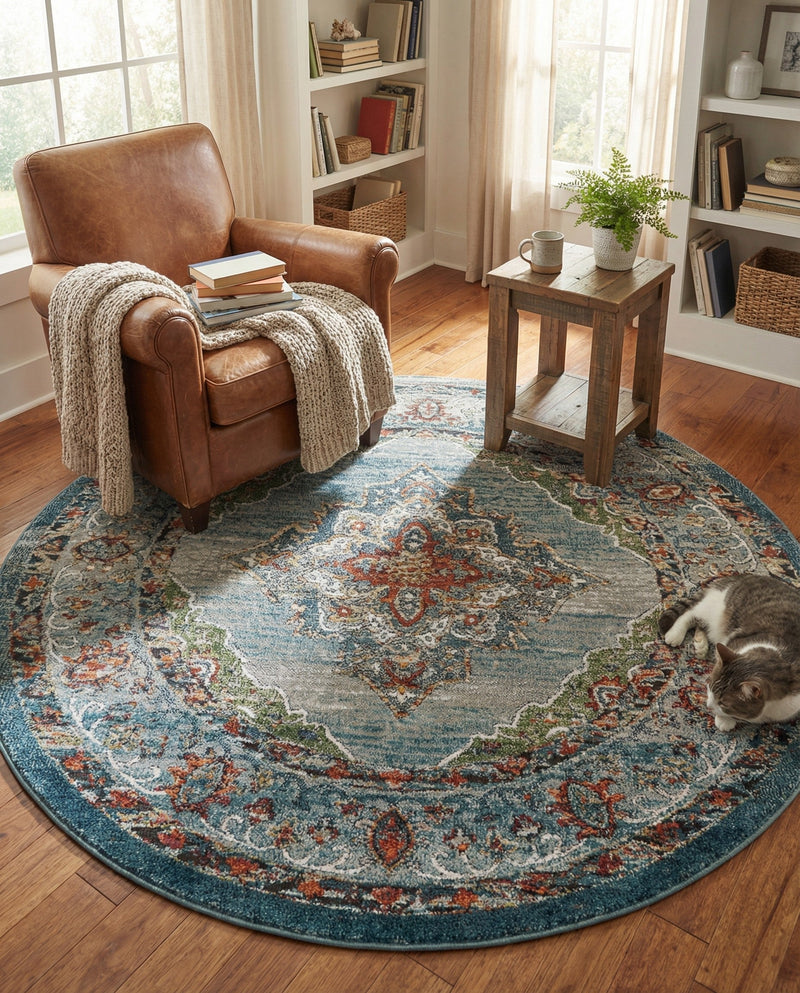 Savannah Soiree Collection Area Rug - Serengeti (Blue) Round Blue  lifestyle 56
