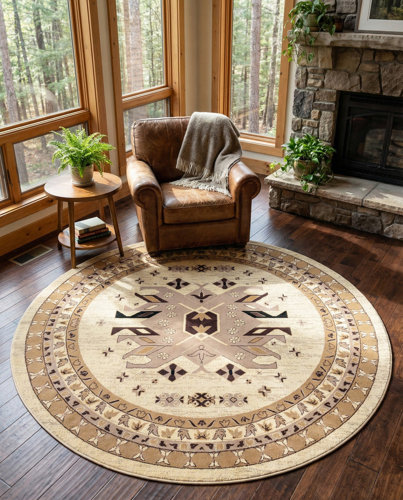 Tabriz Tapestries Collection Area Rug - Azerbaijan (Ivory) Round Ivory  lifestyle 57