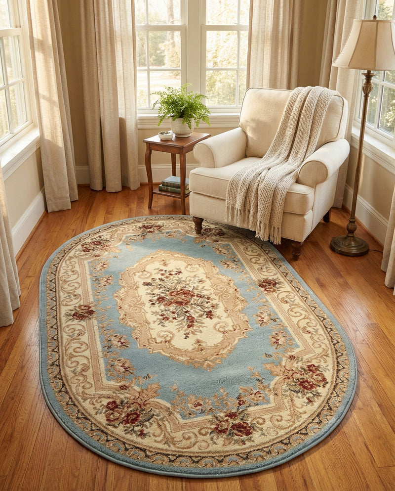 Versailles Elegance Collection Area Rug -  Louveciennes (Light Blue) Oval Light Blue  lifestyle 68