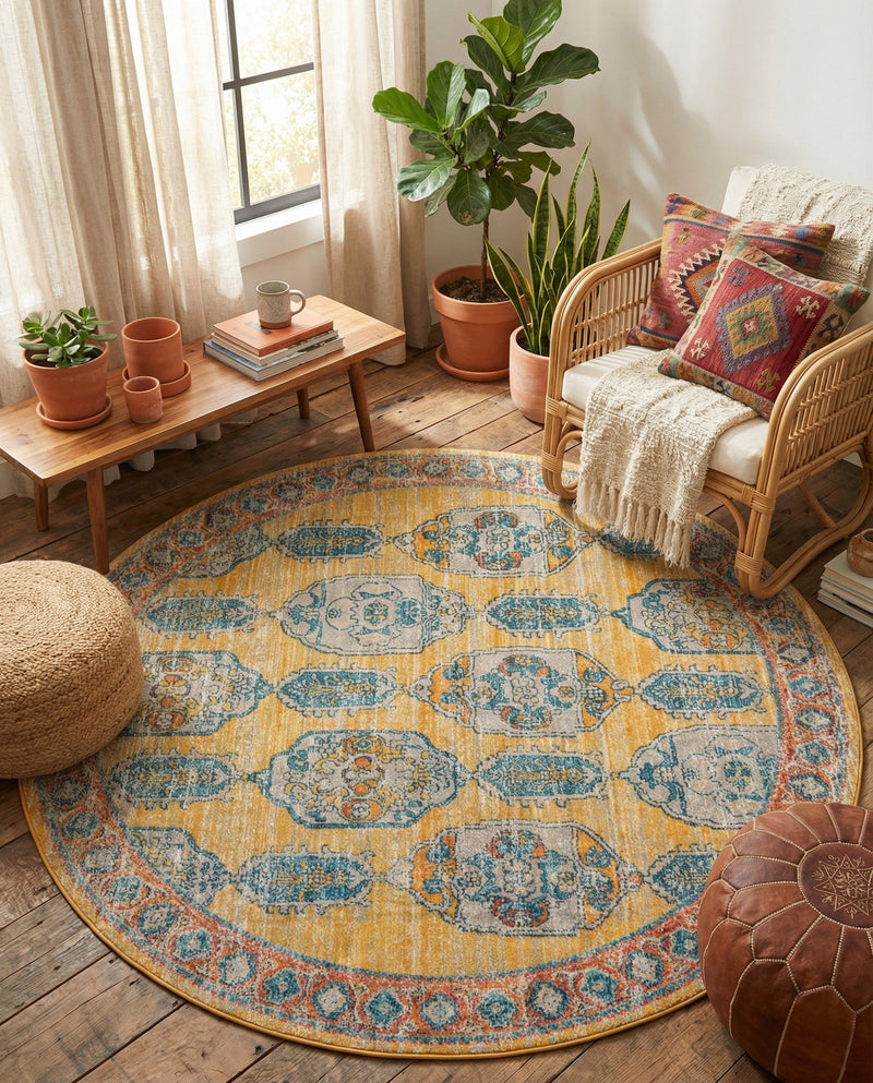 Seville Stripes Collection Area Rug -  Granada (Yellow) Round Yellow  lifestyle 47