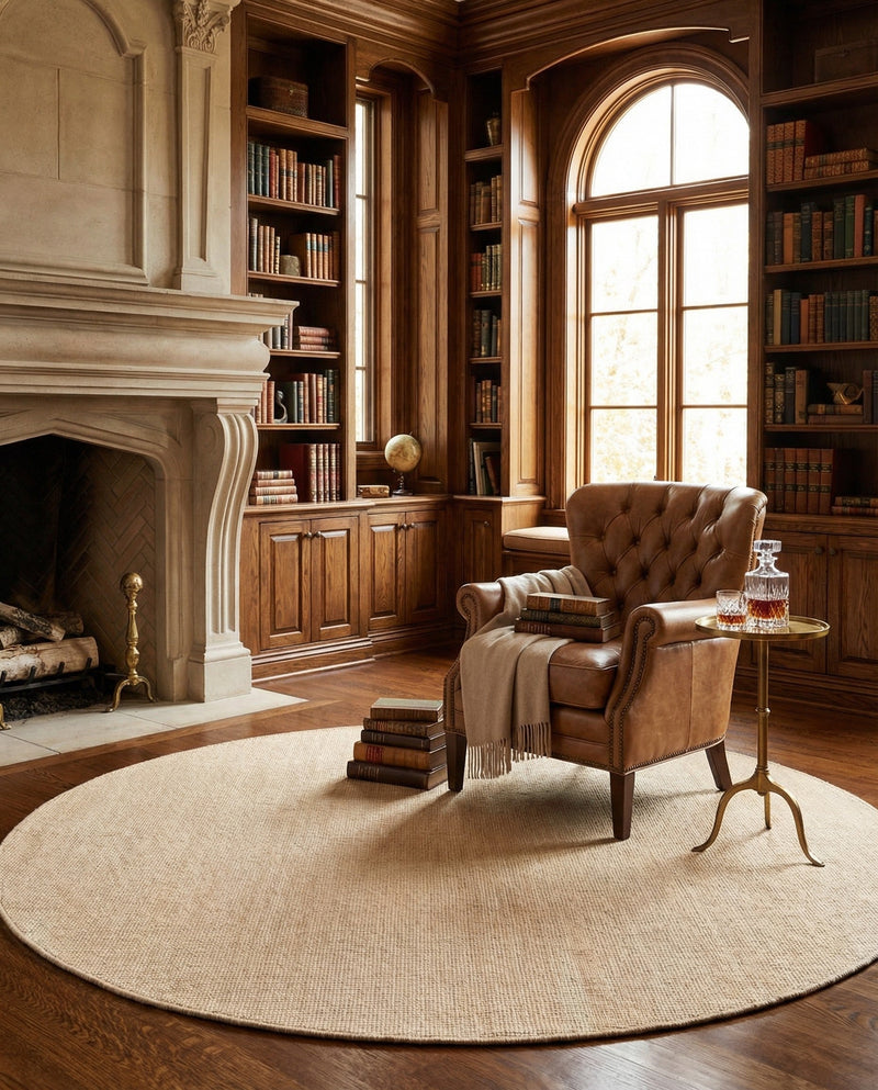 Berkshire Estate Collection Area Rug - Windsor (Oat Beige) Round Oat Beige  lifestyle 40