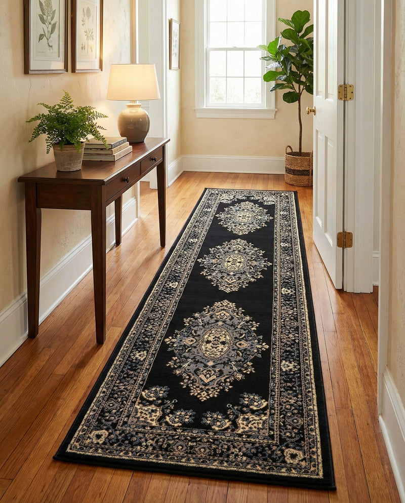 Tabriz Tapestry Collection Area Rug - Azerbaijan (Black) Runner Black  lifestyle 41