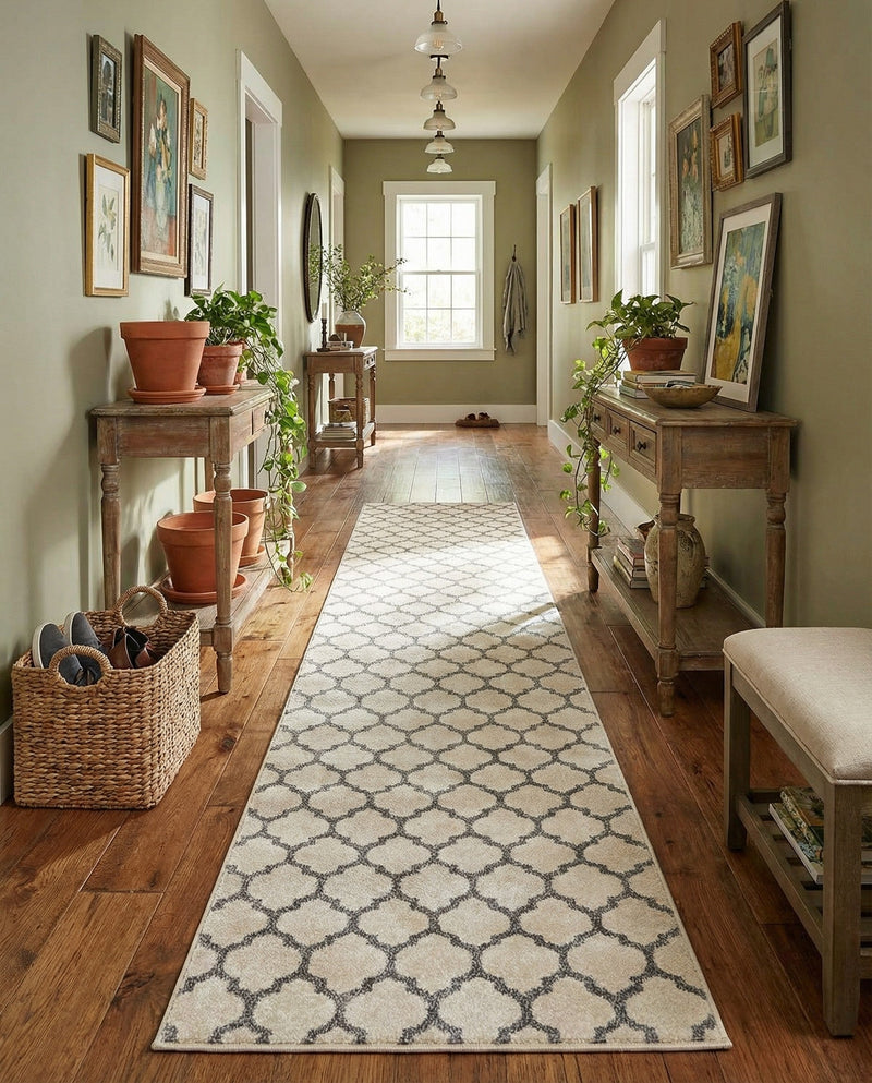 Lattice Gardens Collection Area Rug -  Bloomfield (Beige and Gray) Runner Beige and Gray  lifestyle 67