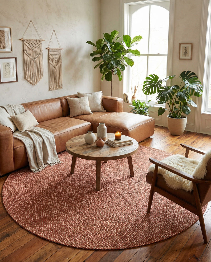 Highland Woven Jute Collection Area Rug - Glenmore (Rust Red) Round Rust Red  lifestyle 64