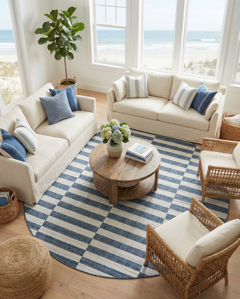 Seaside Stripes Collection Area Rug - Cabana (Blue) Round Blue  lifestyle 28