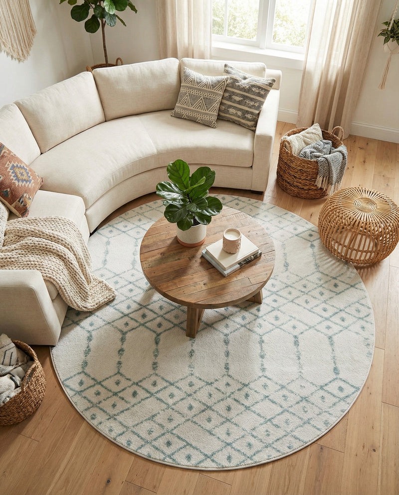 Marrakesh Lattice Collection Area Rug - Casablanca (Ivory Aqua) Round Ivory Aqua  lifestyle 66